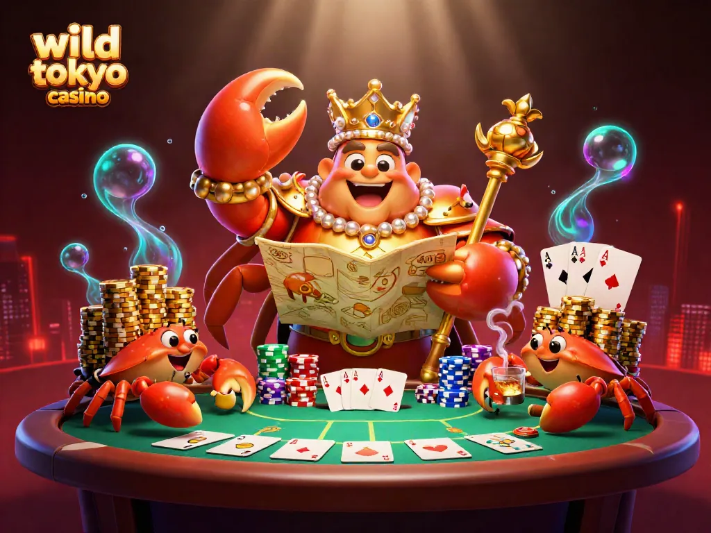 Experience the excitement at wild tokyo casino with a colorful 3D illustration of a golden crab emperor and poker elements.