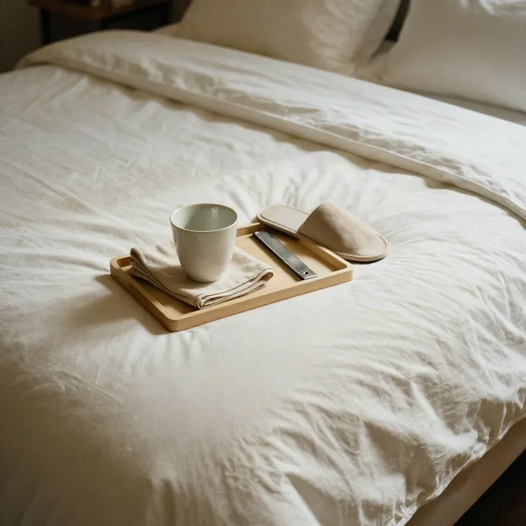 Flat lay di letto avorio con pantofole, vassoio da bagno e tazza ceramica dall’alto