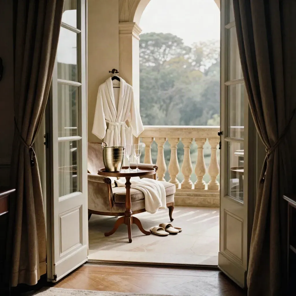 Suite elegante con porte francesi aperte, champagne, accappatoio, pantofole e vista sul balcone.