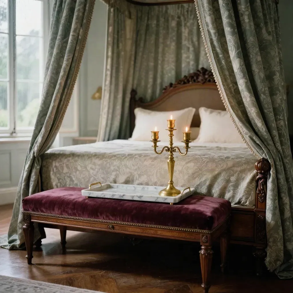 Suite barocca con letto king size, panca in velluto e candelabri, luce morbida post-pioggia.