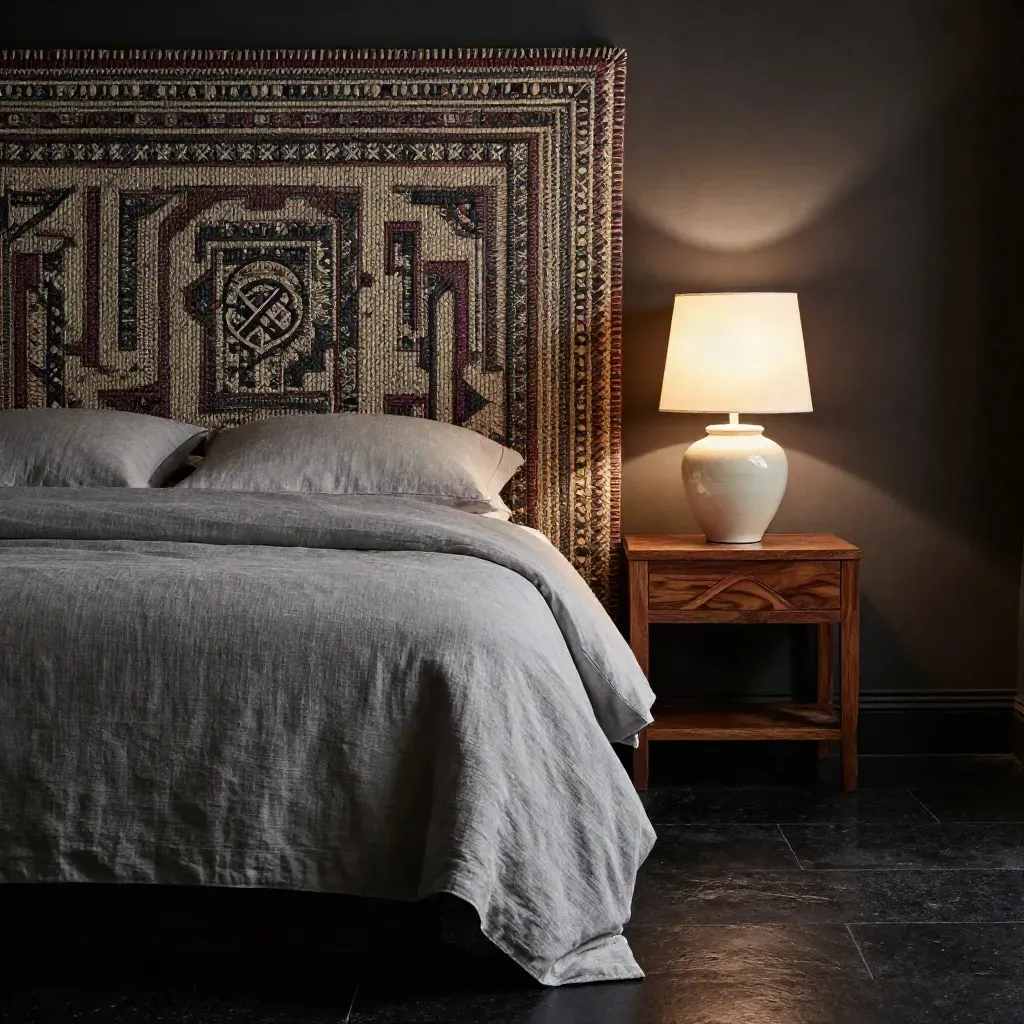 Letto da suite con testiera arazzo, lampada in ceramica e coperta di lana in luce serale.