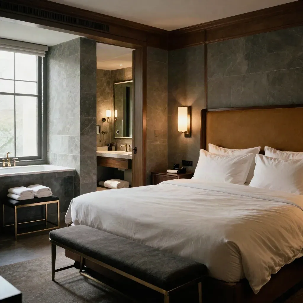 Suite elegante con letto grande, porta bagno e asciugamani su panca scura.