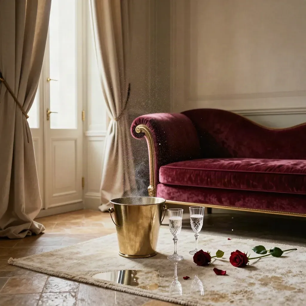 Suite elegante con champagne, due flûte, chaise in velluto e tende mosse dal vento.