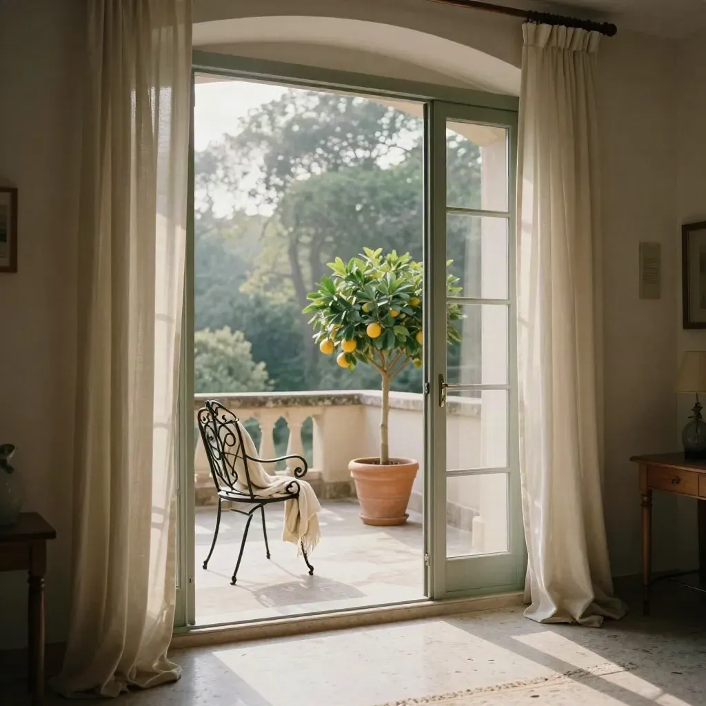 Suite luminosa con porte francesi aperte su terrazza e cortile, sedia in ferro e tenda leggera.