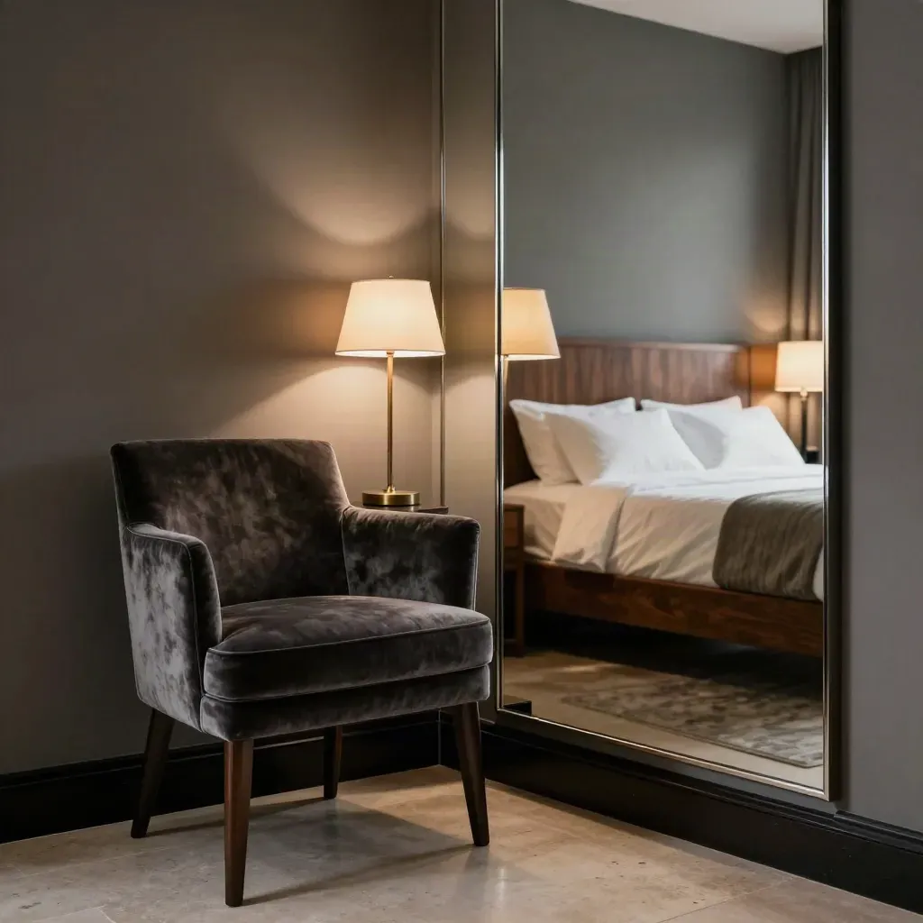Camera deluxe con specchio, sedia in velluto e letto king riflesso in luce soffusa