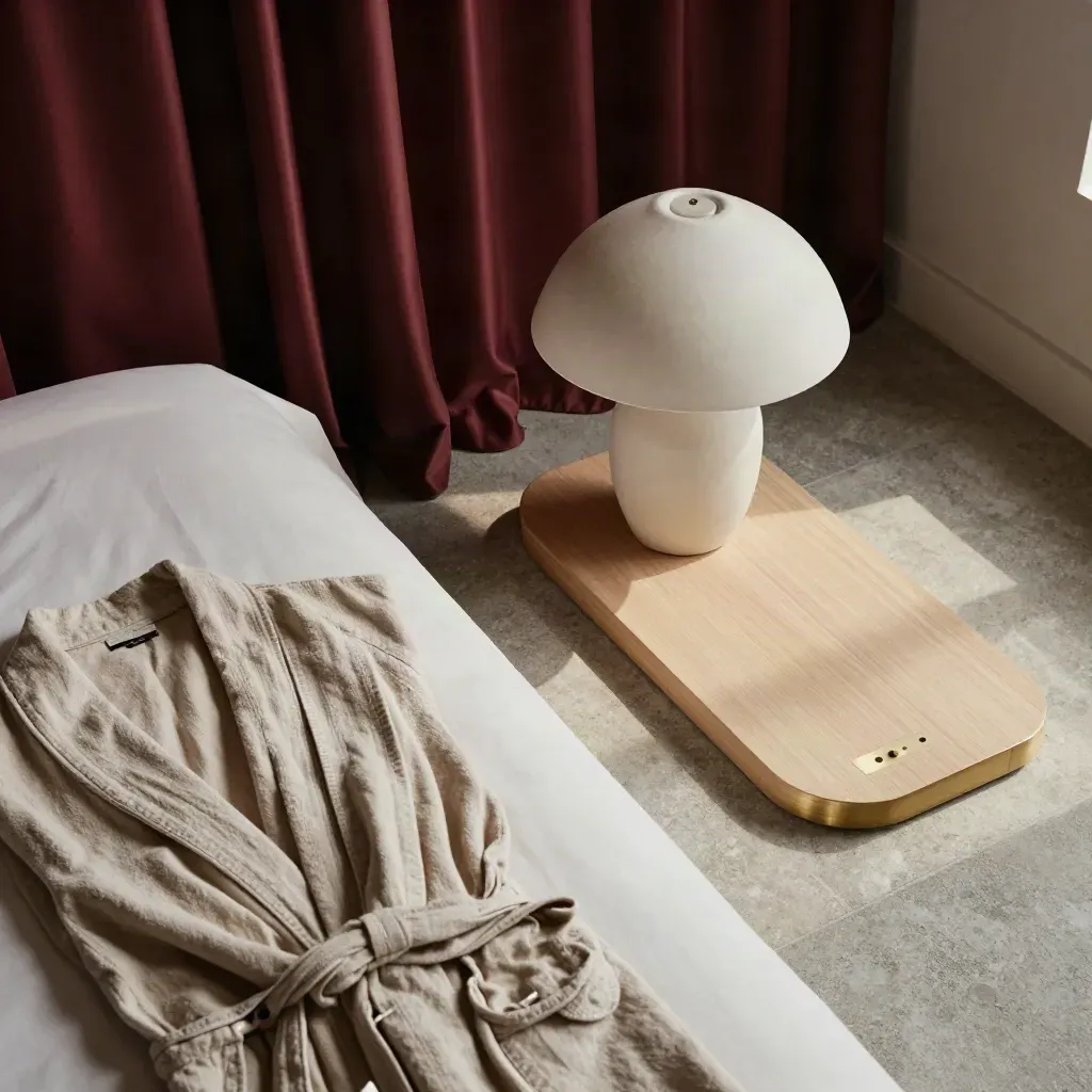 Flatlay elegante di camera d’hotel con seta, piumone, lampada in ceramica e accenti bordeaux.