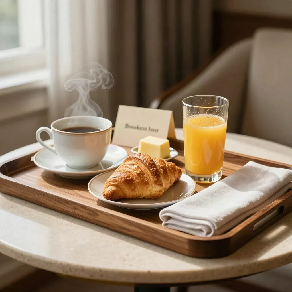 Vassoio colazione d’hotel con tazza, croissant, burriera, succo e tovagliolo in lino