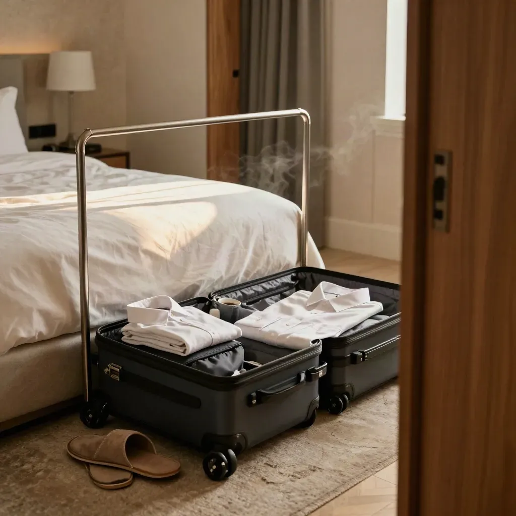 Valigia aperta, camicia piegata, pantofole e caffè sul letto in una suite elegante.