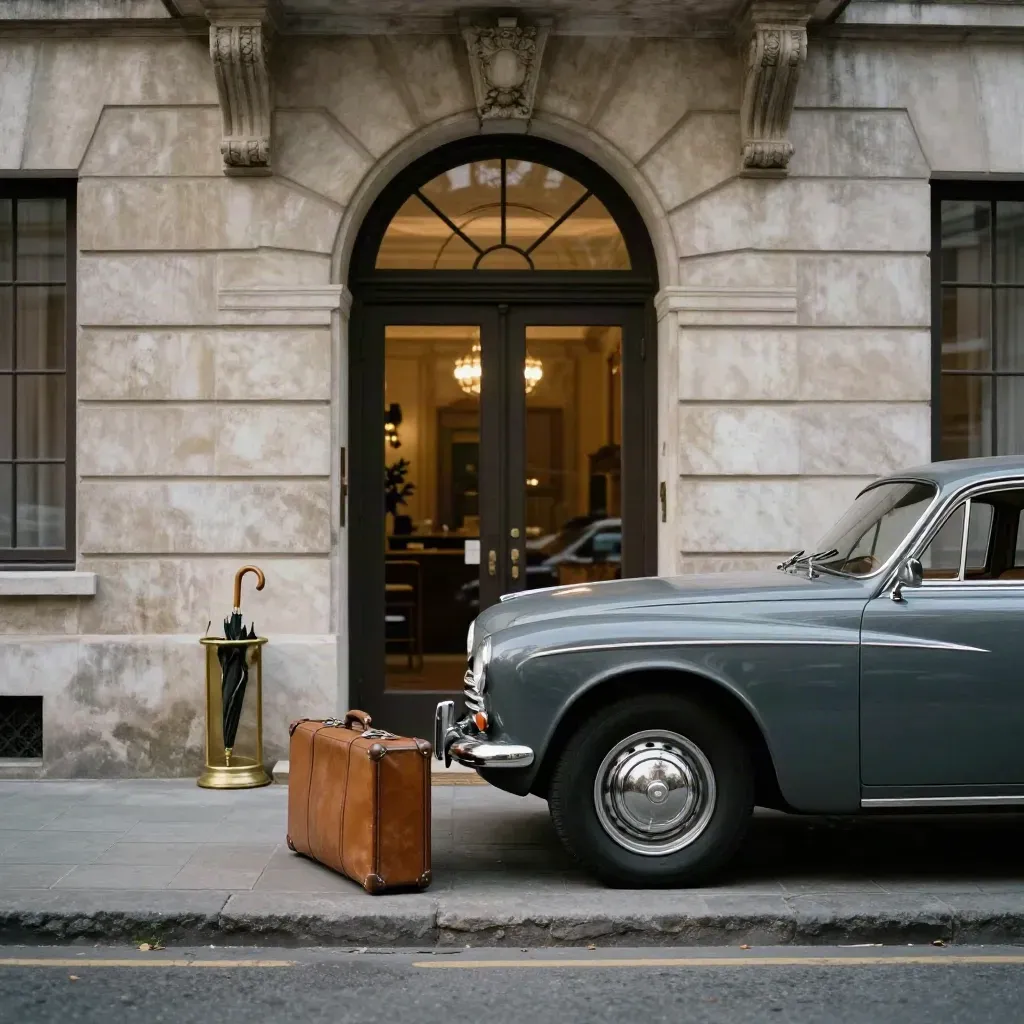 Auto d’epoca e valigia in un ingresso di hotel, atmosfera regale e luce cinematografica.