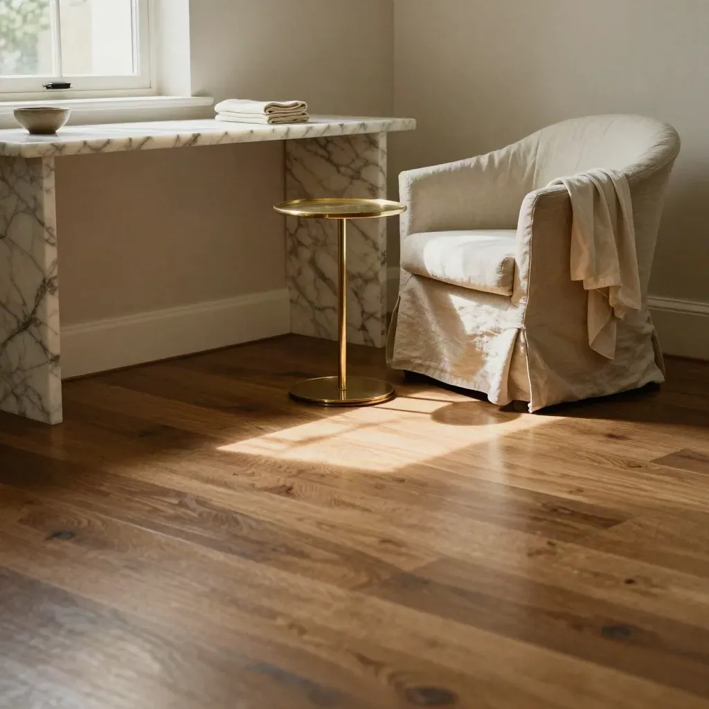 Salone d’albergo elegante con consolle in marmo, poltrona in lino e luce morbida.