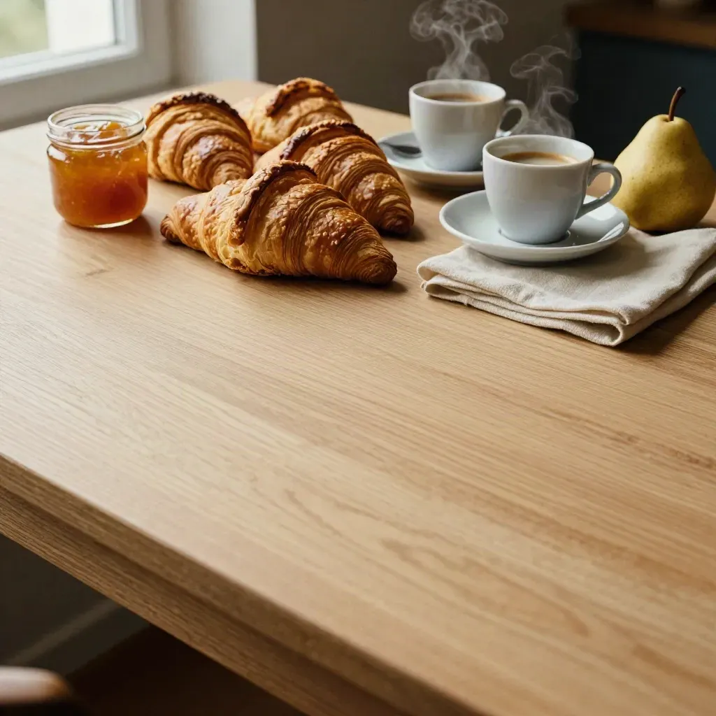 Colazione elegante con croissant, caffè e pera su tavolo di legno chiaro.