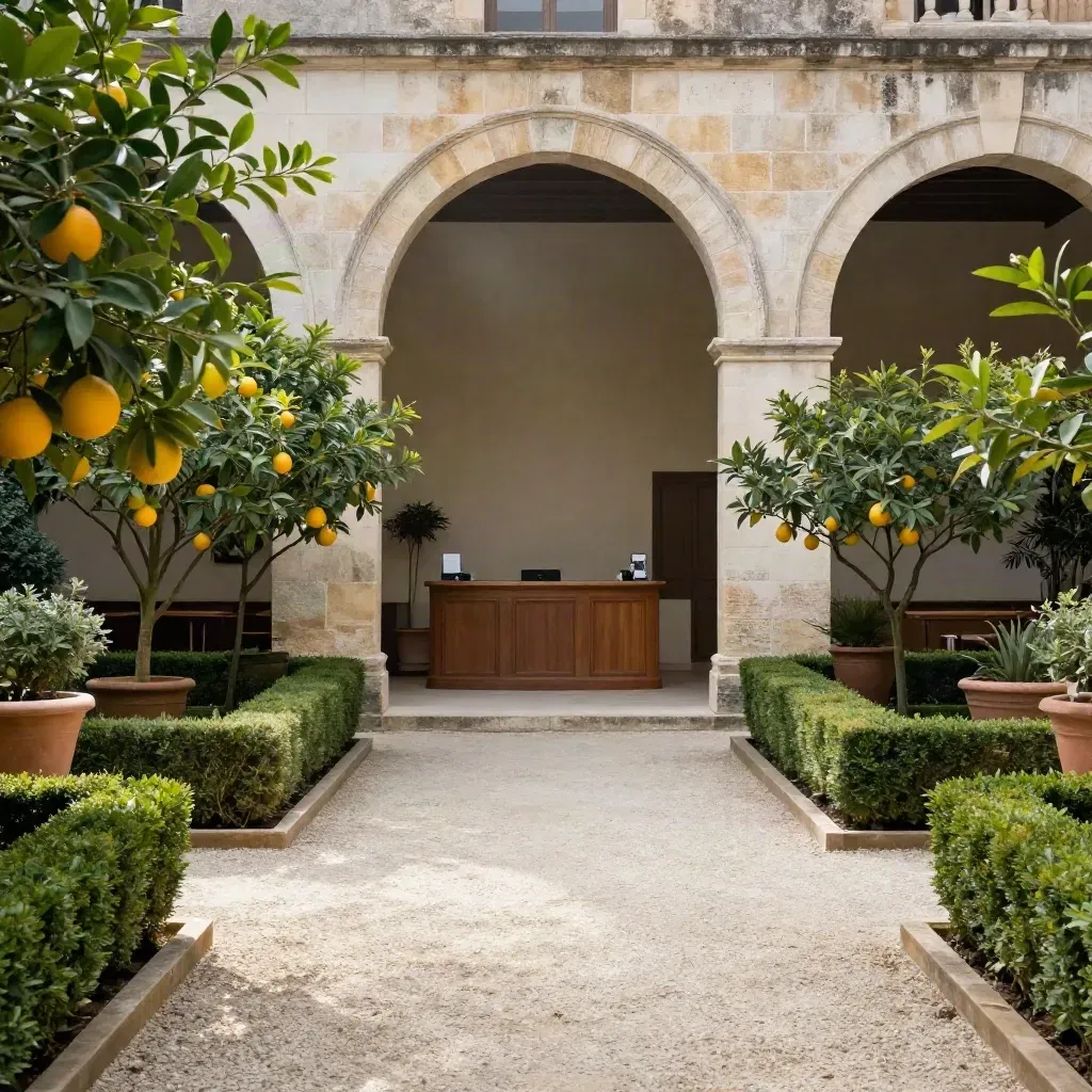Giardino di corte con agrumi, siepi e arco in pietra, luce estiva morbida e sentiero ghiaioso.