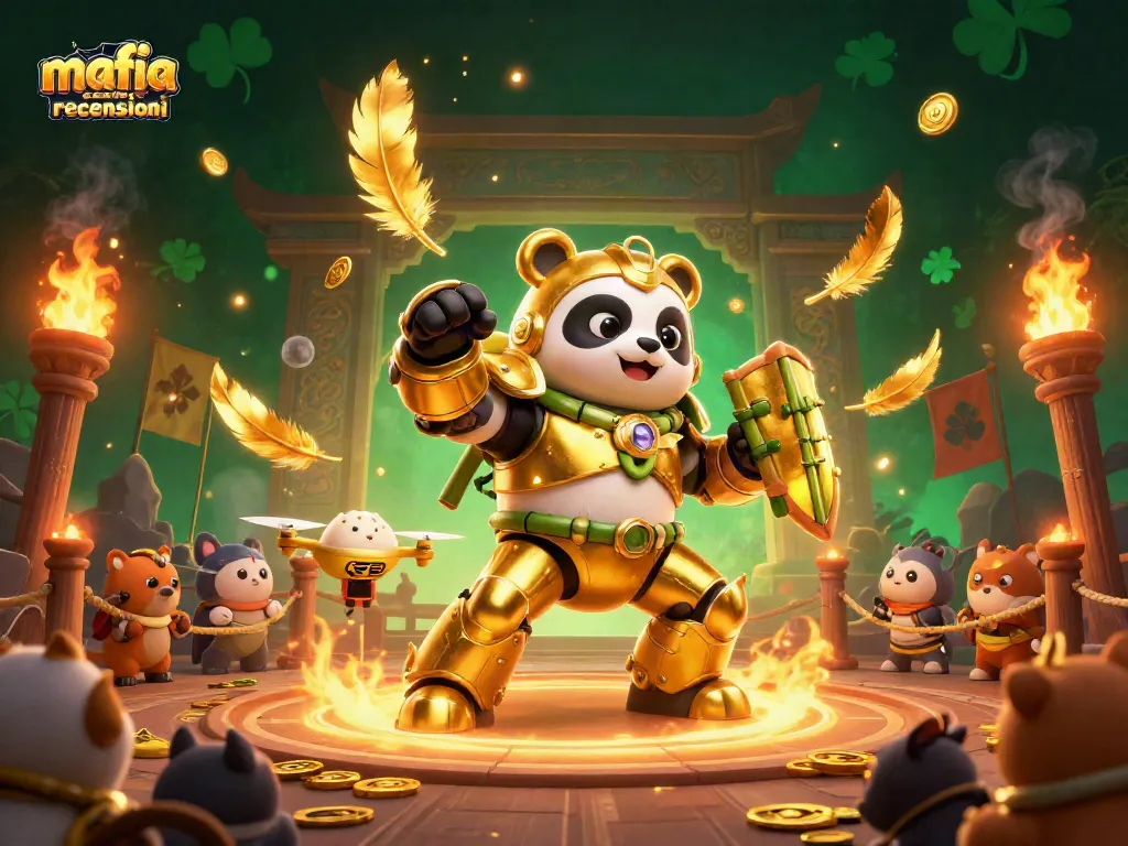 Mafia casino recensioni showcases a vibrant 3D battle scene with a golden panda mech and dynamic game elements.